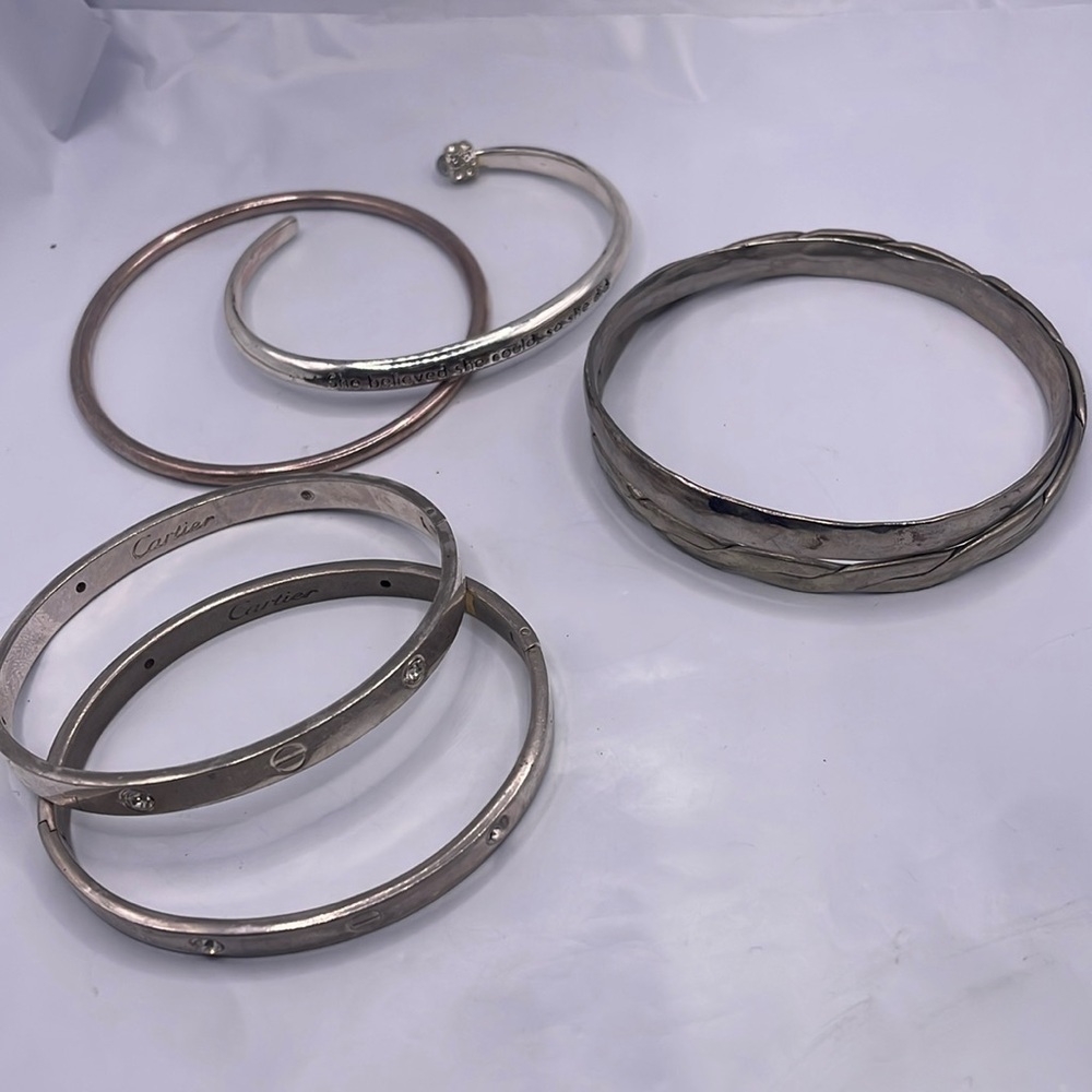 Lot of six silver bracelet- 5 3 bangles 2 hinge bangles 1 cuff